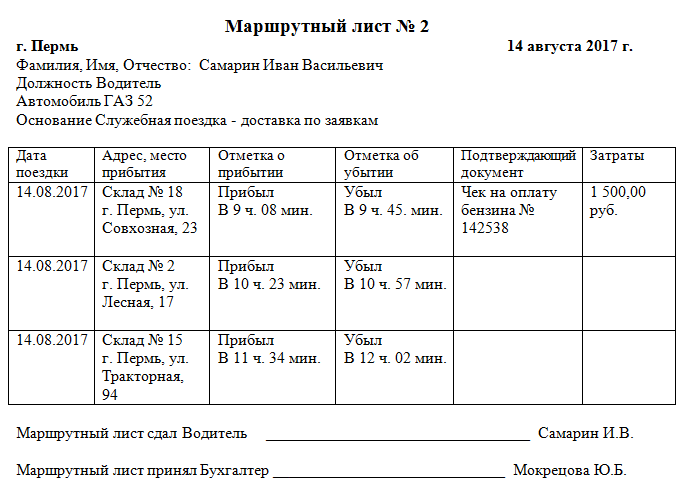 Составление маршрутного листа для водителя