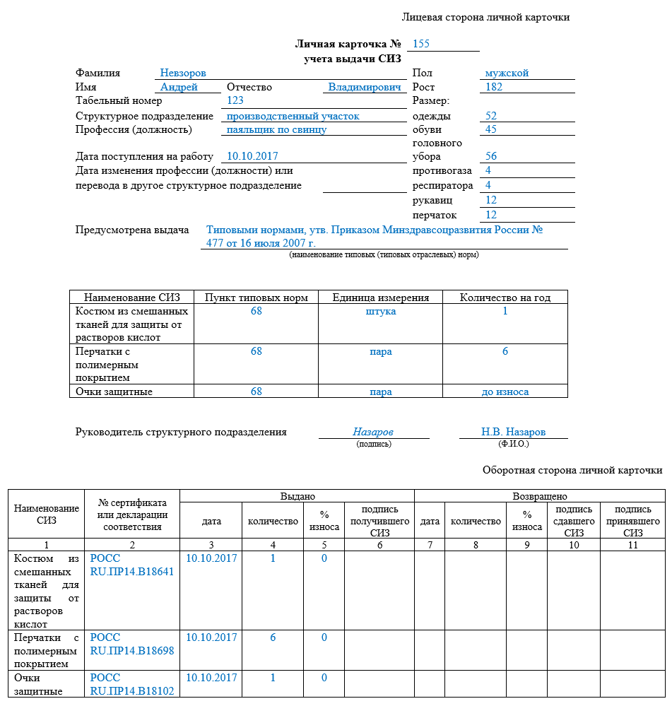 Пример заполнения личной карточки учета выдачи сиз + бланк в ворде