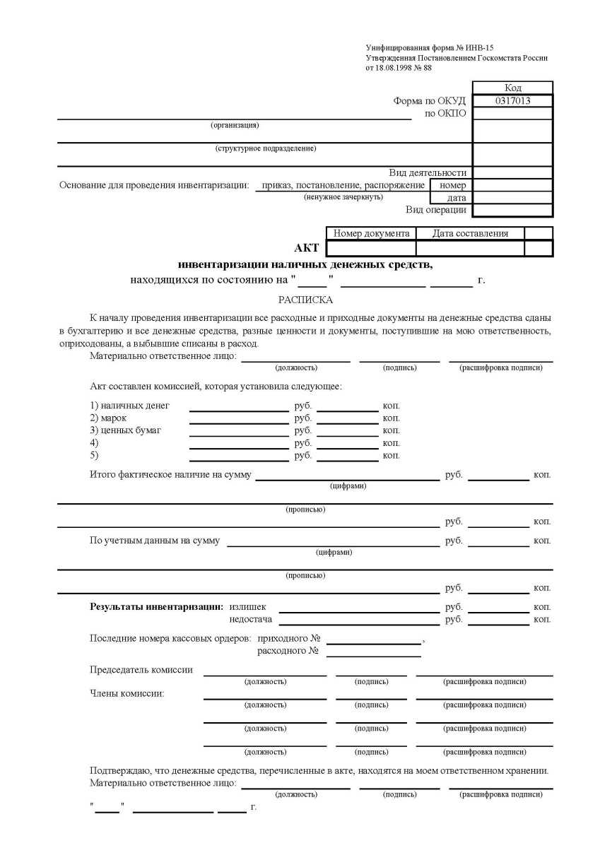 Акт инвентаризации наличных денежных средств в кассе (форма инв-15) — yarbuh76.ru