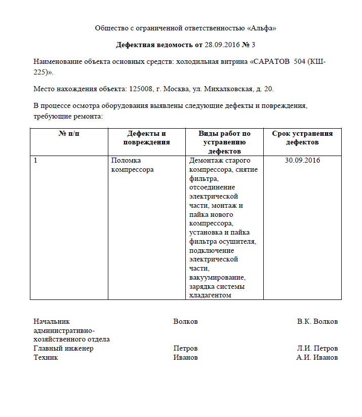 Дефектная ведомость на списание материальных ценностей