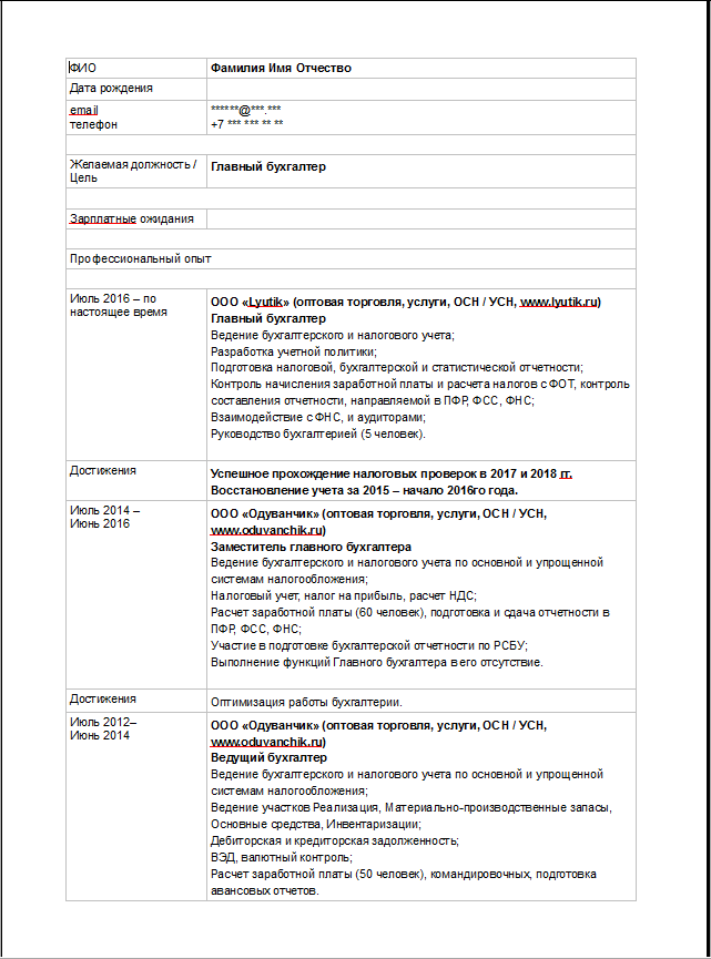 Резюме бухгалтера: образец 2024 + примеры навыков, достижений и качеств