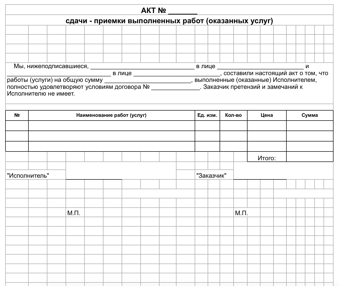 Скачать бланк акта выполненных работ (оказанных услуг) 2023 года.