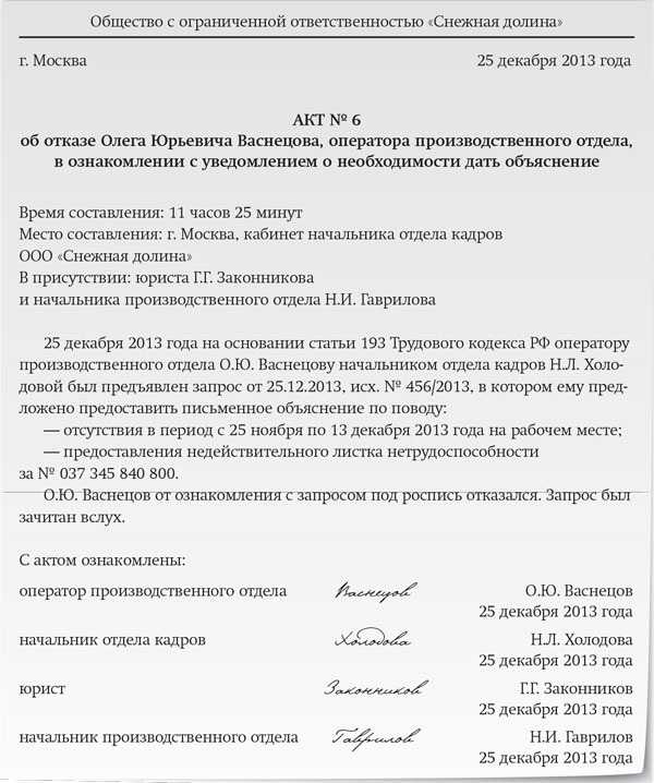 Отказ писать объяснительную на работе