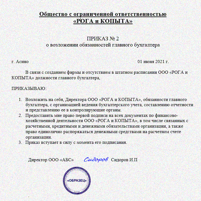 Как оформить приказ о возложении обязанностей главного бухгалтера на бухгалтера и на директора наглядный образец приказа, что обязательно прописать в документе
