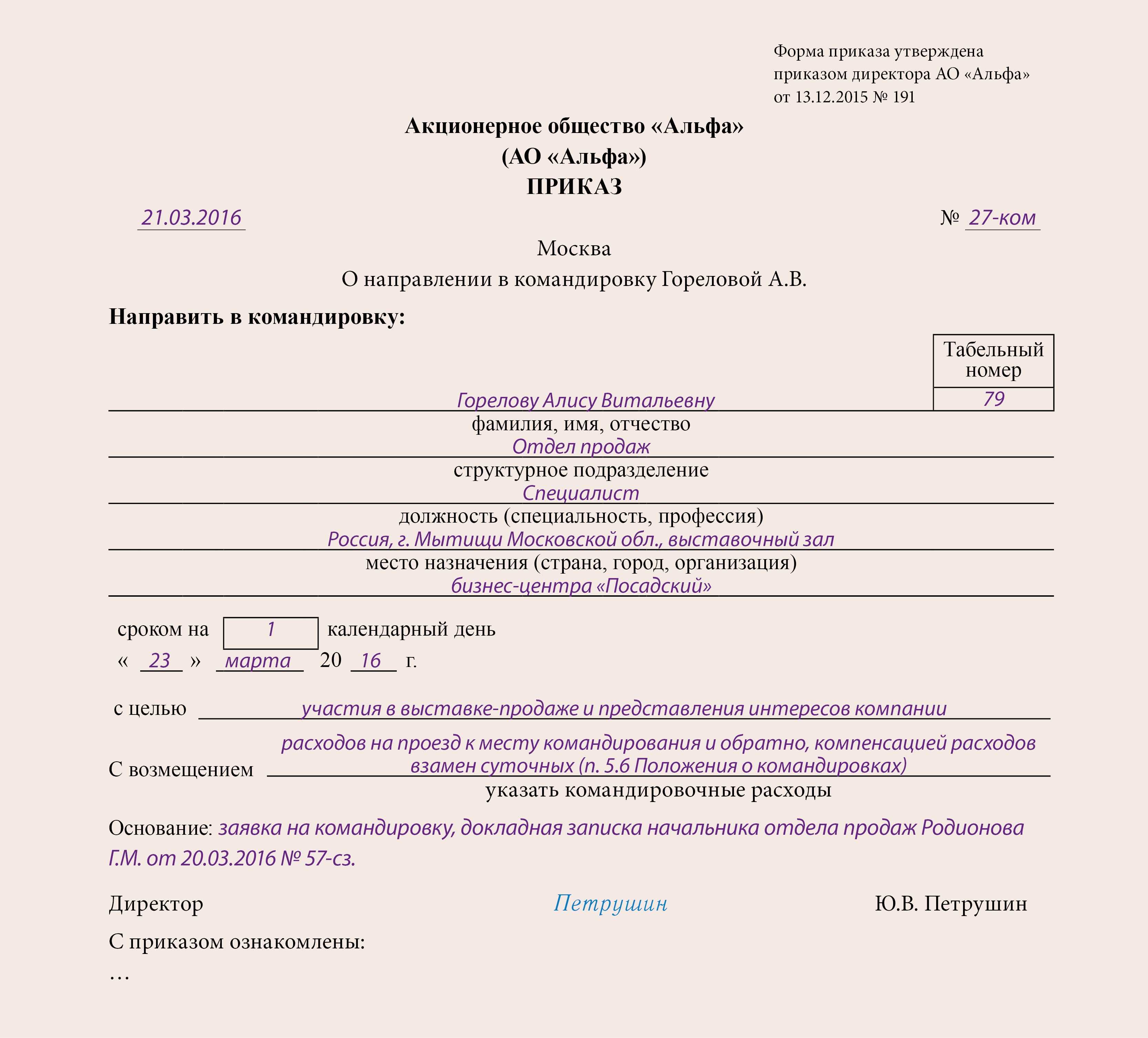 План и цель командировки: примеры