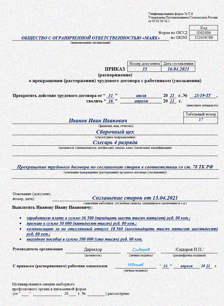 Составляем приказ о расторжении договора по инициативе сотрудника (собственному желанию)