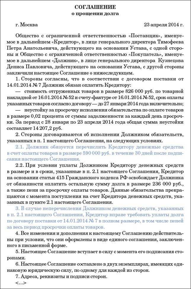 Соглашение о прощении долга. образец заполнения и бланк 2024 года