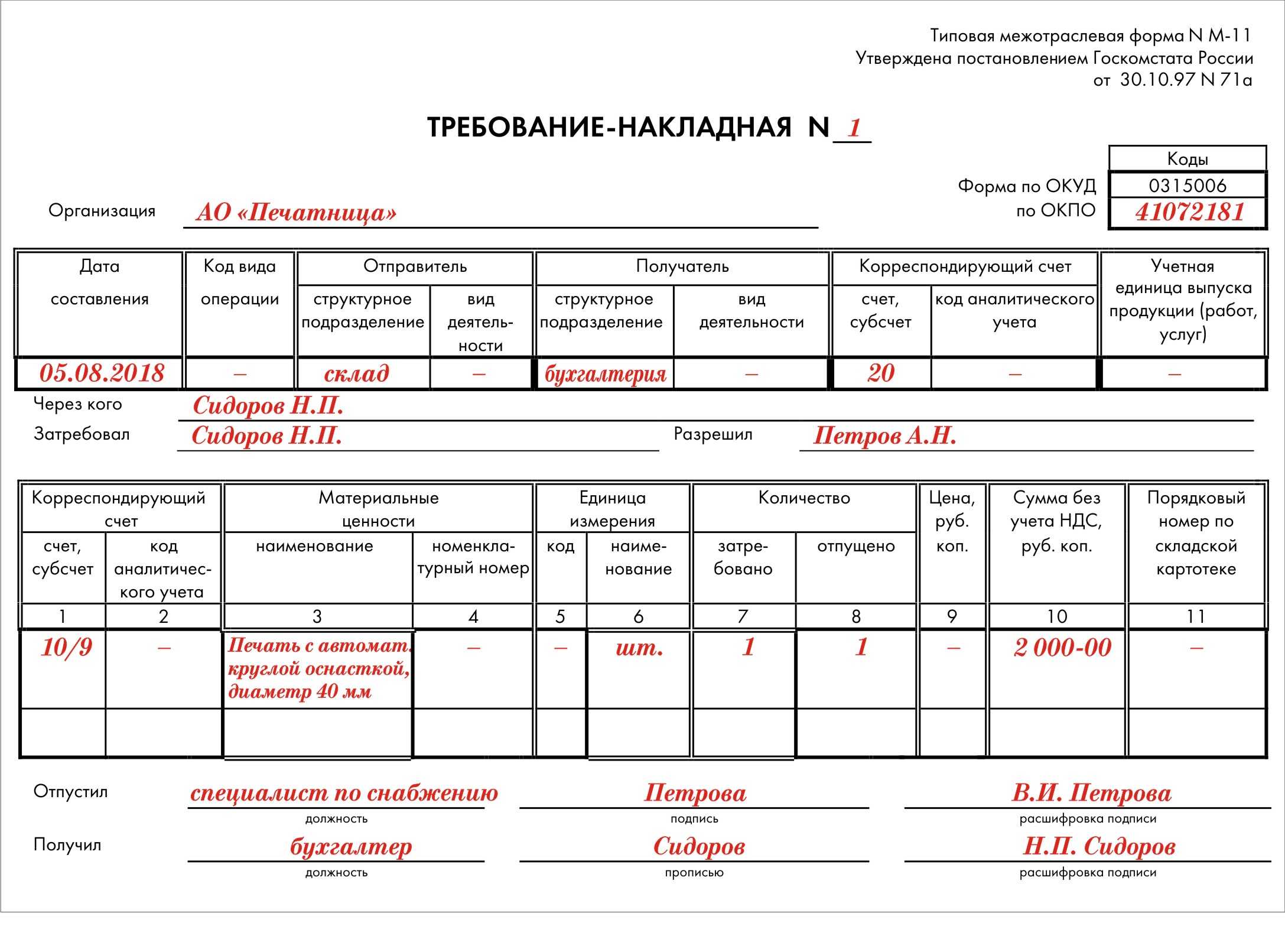 Требование накладная форма м-11: образец и пример заполнения