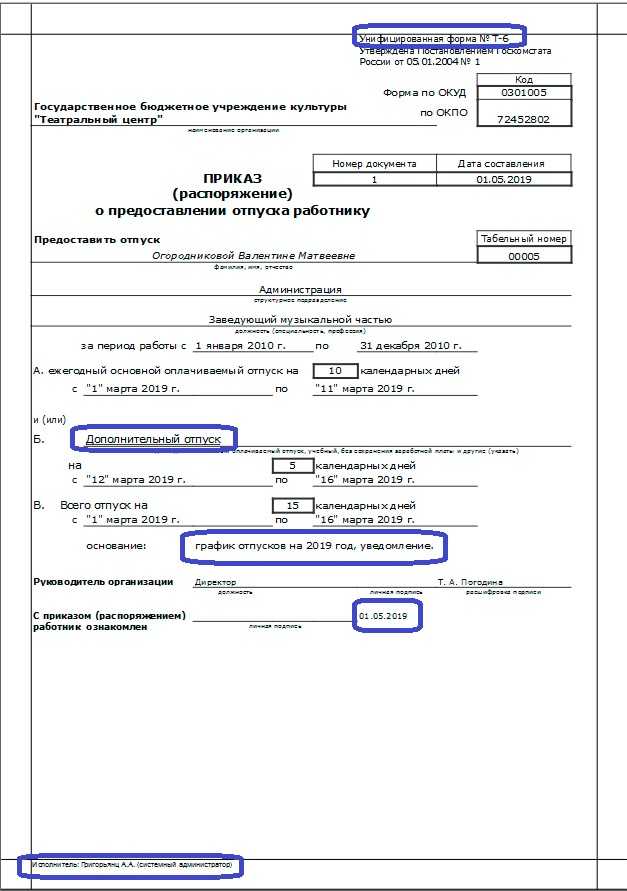 Приказ о предоставлении отпуска работнику:  образцы приказов на отпуск формы т-6