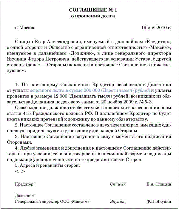 Прощение долга между юридическими лицами. как оформить, последствия