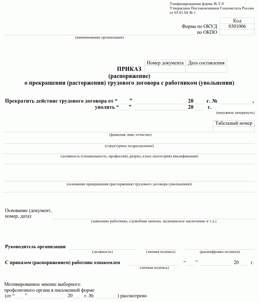 Приказ об увольнении по собственному желанию: образец 2024 года